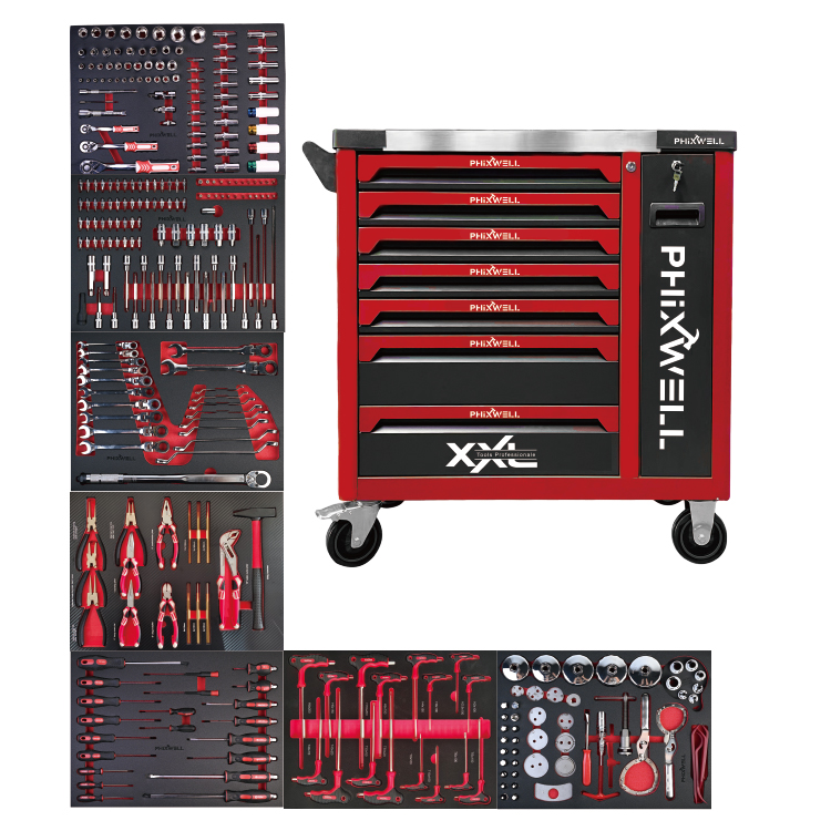 719509 PHIXWELL Armoire de rangement pour outils à 7 tiroirs avec ensemble d'outils de 309 pièces
